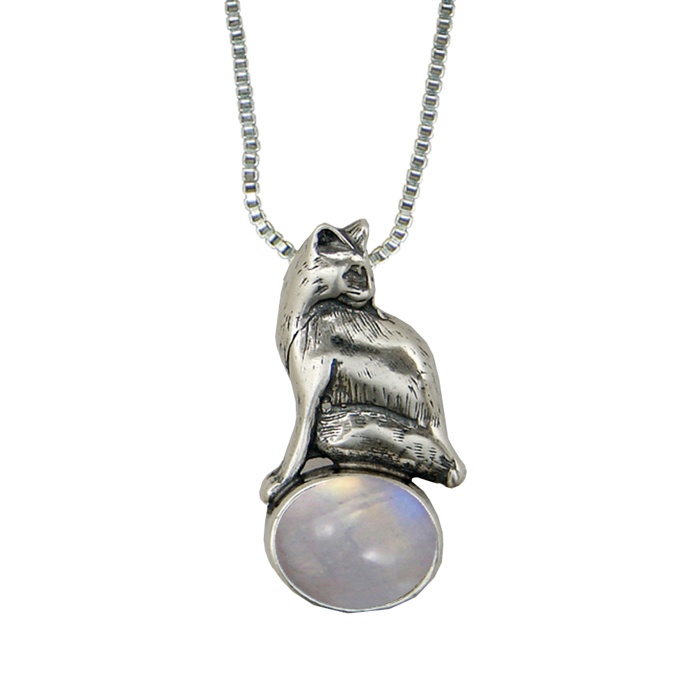 Sterling Silver Cat Cat Looking For Mouse Pendant With Rainbow Moonstone